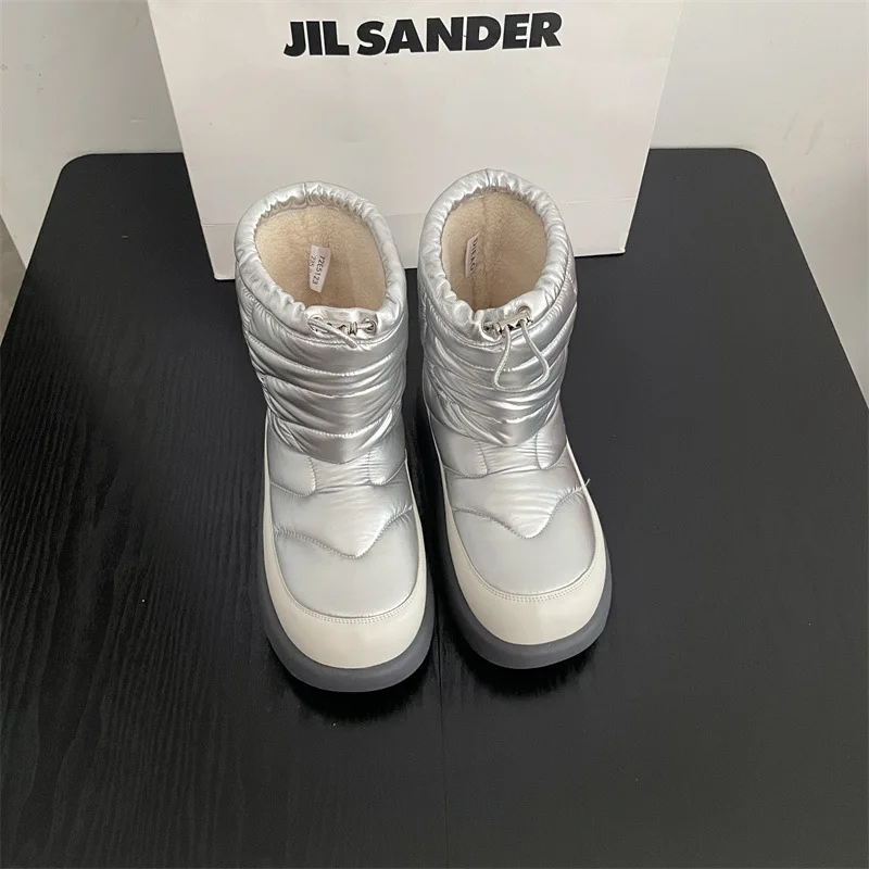 Брендовые Дизайнерские однотонные теплые ботинки с круглым носком на толстой