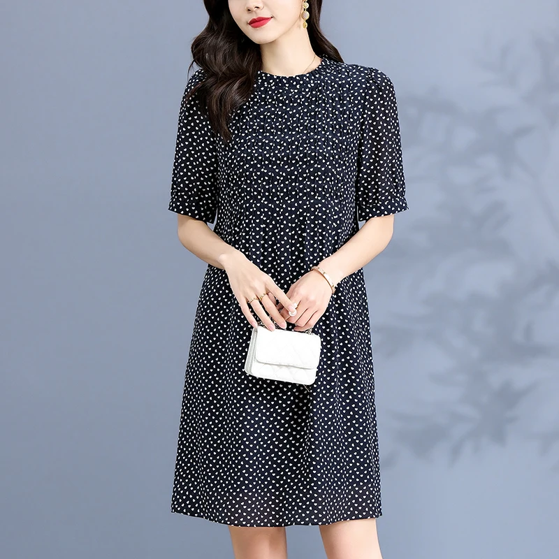 

100% Real Silk Casual Women Summer Dresses 2023 O-neck Short Sleeve Elegant Women's Heart Print Dress A-line Woman Vintage Dress