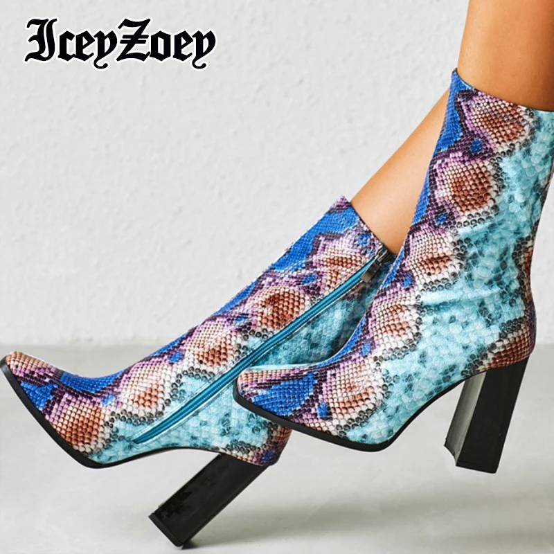 

IceyZoey New Size 35-42 Women Mid Calf Boots Thick Heel Real Leather Woman Winter Shoes Snake Pattern Sexy Party Ladies Footwear
