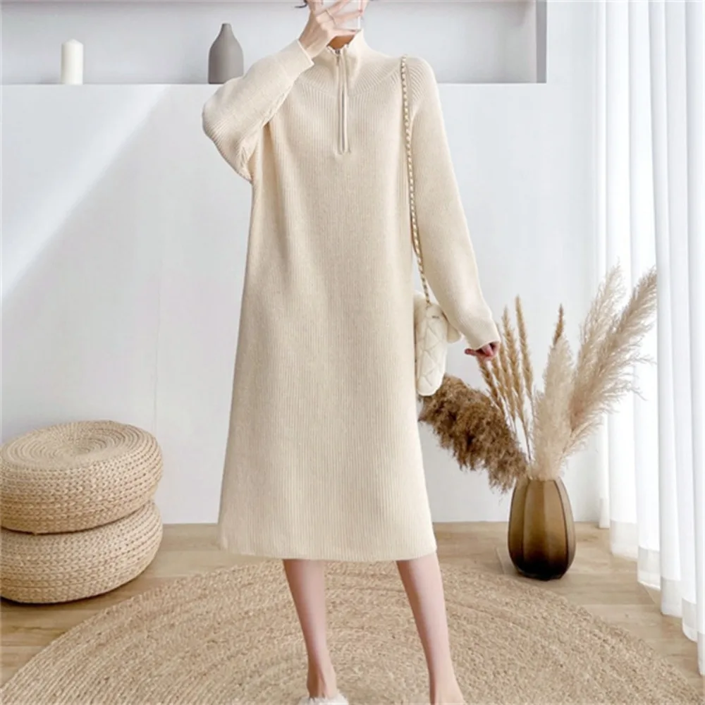

Semi-zipper sweater skirt autumn and winter new over-the-knee long knit bottoming dress women