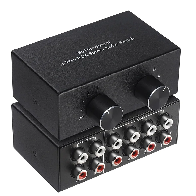 

Bi-Directional 4 Way RCA Stereo Audio Switch Selector 4x2 2x4 L/R Sound Channel Audio Switcher Splitter with OFF Button