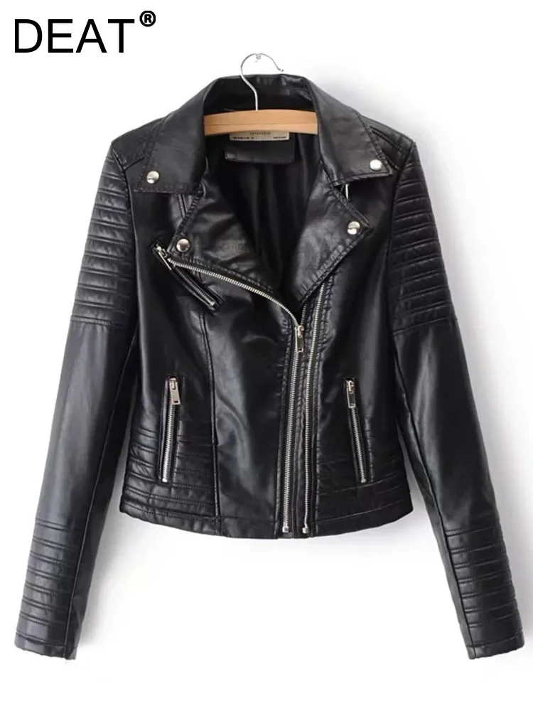 

DEAT 2023 new Spring and winter fashion women clothes turn-down collar full sleeves zippers PU leather jacket WY57201L
