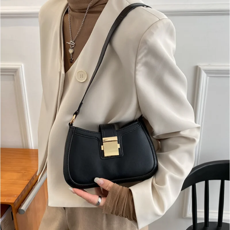 Retro Fashion Ladies Underarm Shoulder Bag Solid Color PU Leather Handbag Female Simple Female Chain Wallet Ladies Handbag