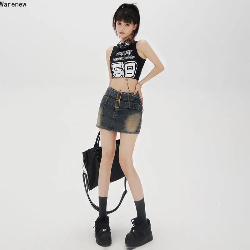 

Женские винтажные джинсовые юбки-трапеции Y2K, летняя повседневная привлекательная облегающая мини-юбка из денима с высокой талией, 2023