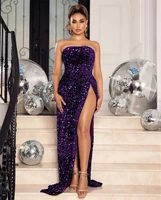 purple sexy mermaid prom dresses sequin strapless evening gown side split sexy club party second reception gowns robe de mari%c3%a9e