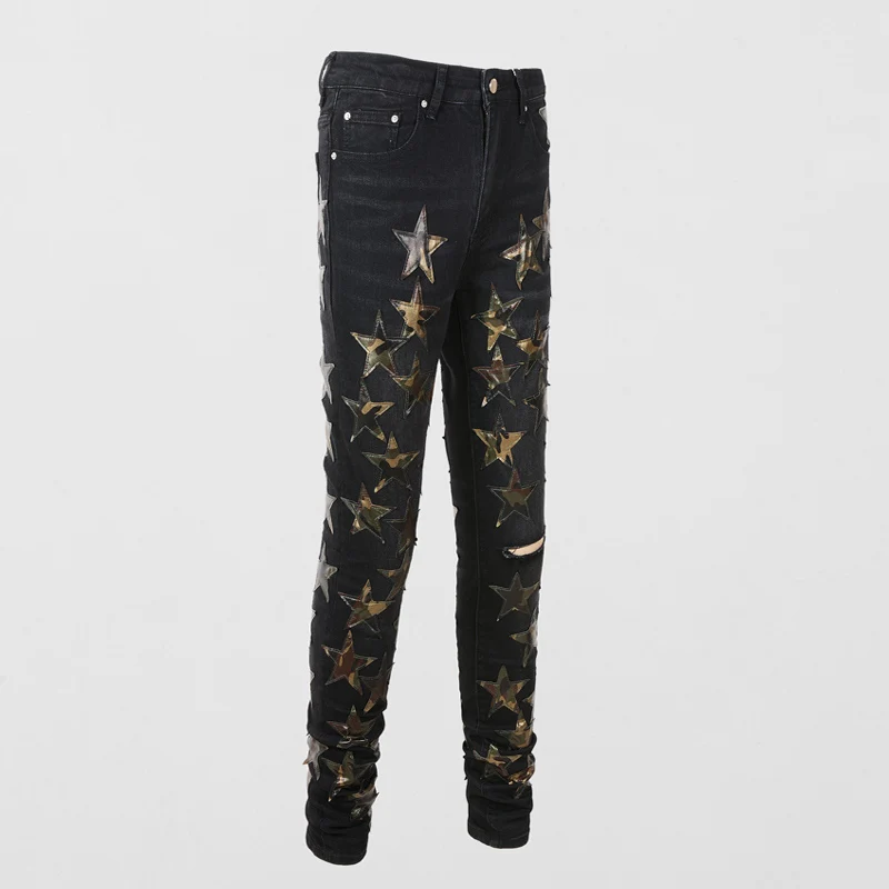 Streetwear Fashion Men Jeans Black Color Stretch Slim Fit Hole Ripped Jeans Men Stars Patch Designer Brand Hip Hop Pants Hombre