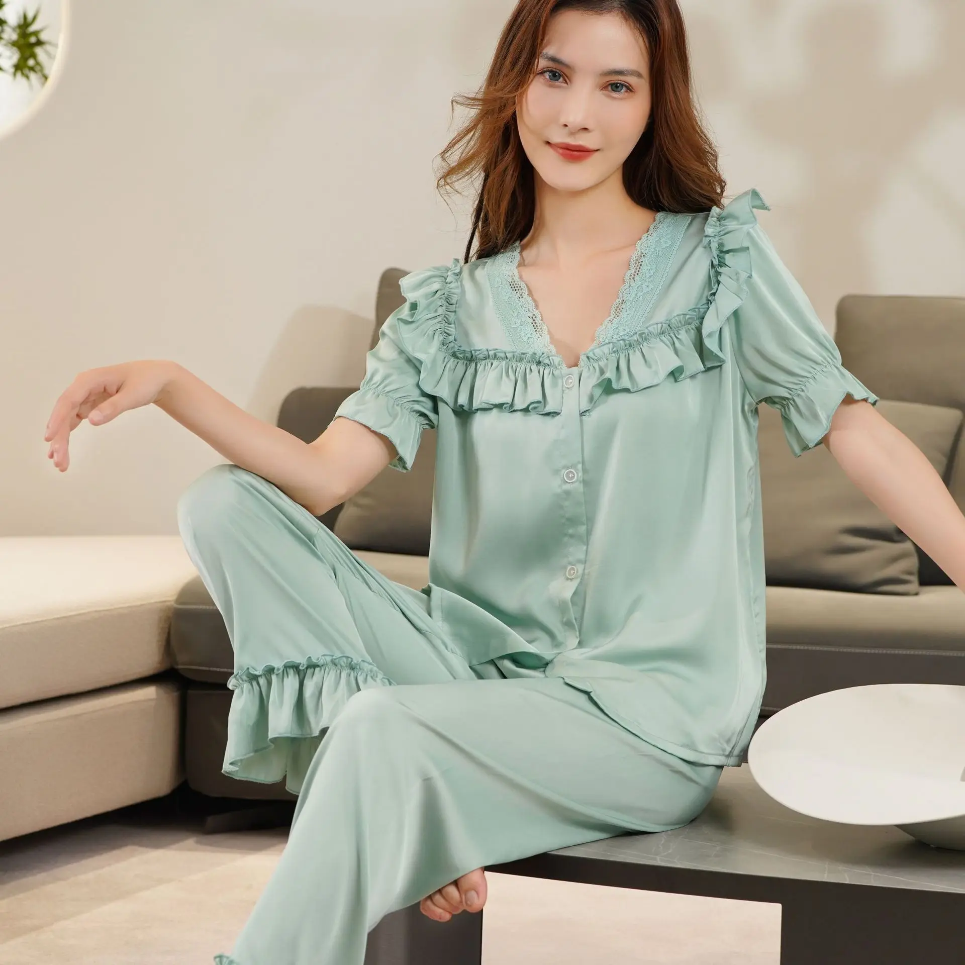

Fdfklak Solid Color Sleepwear Silk Satin Pajamas Long Sleeve Lace Pyjamas Women Set 2022 Autumn New Nightwear Suits