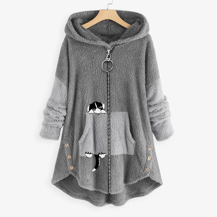 Plus Size Women's Loose Large Plush Hooded Long Sleeve Top with Pockets Winter Warm Sweatshirt Ey*