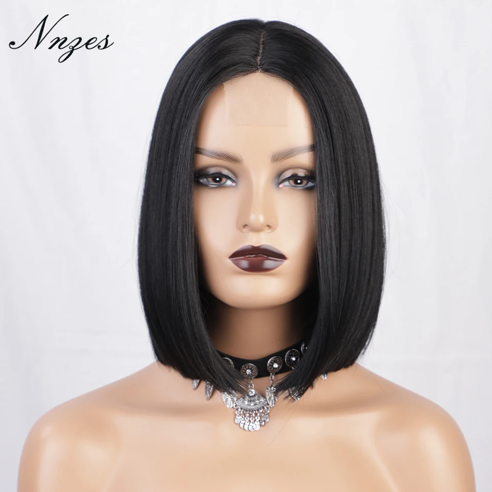 

NNZES 12inches Middle Part Short Straight Black Wig Synthetic Wigs for Black Women Heat Resistant Fiber Brown Red Bob Wigs