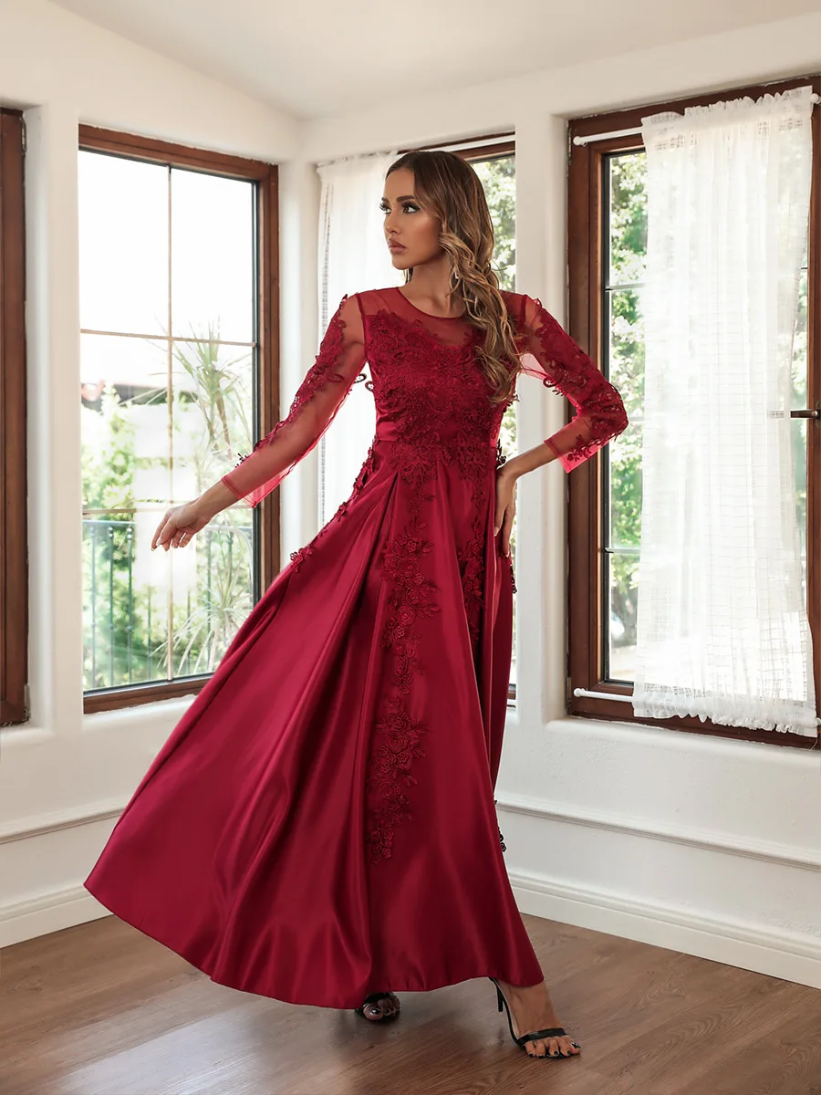 Luxury Evening Dress Long Sleeves A-Line O-Neck High Waist Ankle-Length Gown 2022 Ever Pretty of Gorgeous Prom Party Women Dress