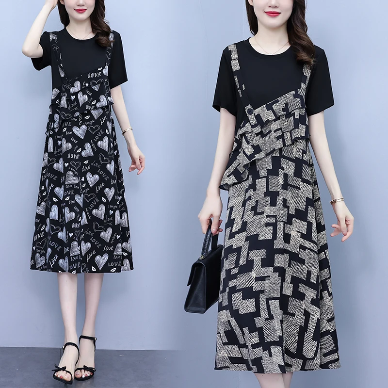 Женское летнее платье COIGARSAM, новинка 2022, модные шифоновые свободные платья на бретелях с принтом, черные, серые, Прямая поставка