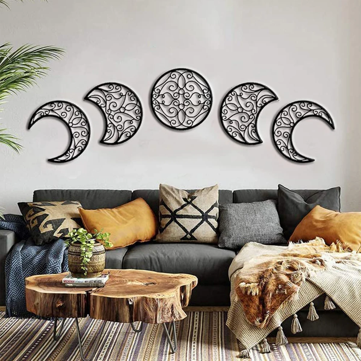 

5pcs 3D Wooden Home Wall-mounted Decor Natural Design Moon Phase Bohemian Decor for Home Kids Room Christmas New Year Decor