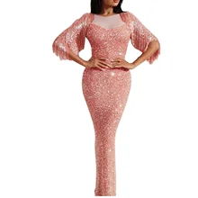 Robe de soirée longue à paillettes pour femmes, robe longue à manches courtes et pampilles, Illusion de cou en queue de poisson, paquet fendu sur les hanches  (1)