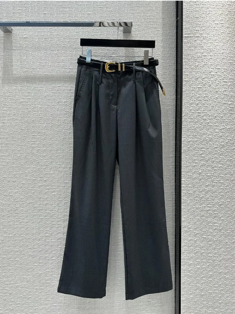 

2023 New Spring And Autumn Women Fashion Comfortable Casual Straight-Leg Trousers With Metal Buckle Leather Belt