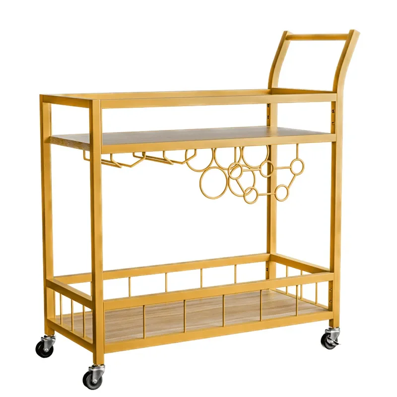 

Elegant Gold Cart with 2 Shelves & Wine Holders for Home Bar & Kitchen Serving, Glass Holders for Dining Room.