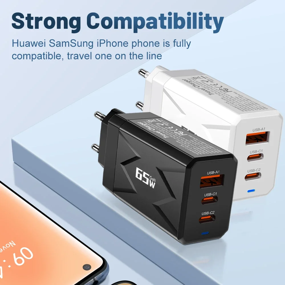 Быстрое зарядное устройство USB 65 Вт 3 порта PD Type C быстрая зарядка настенное с
