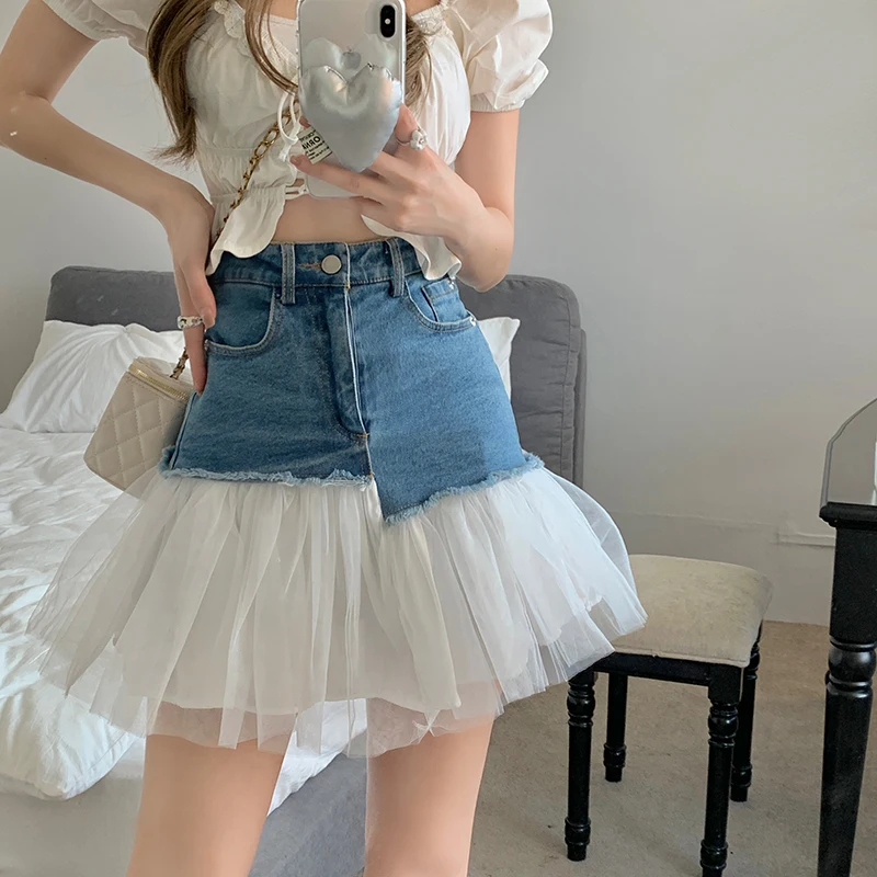 

Summer 2022 New Korean Version of The Retro Fairy High Waist Mesh Stitching Tutu Skirt Denim Skirt Short Skirt Hippie Skirts
