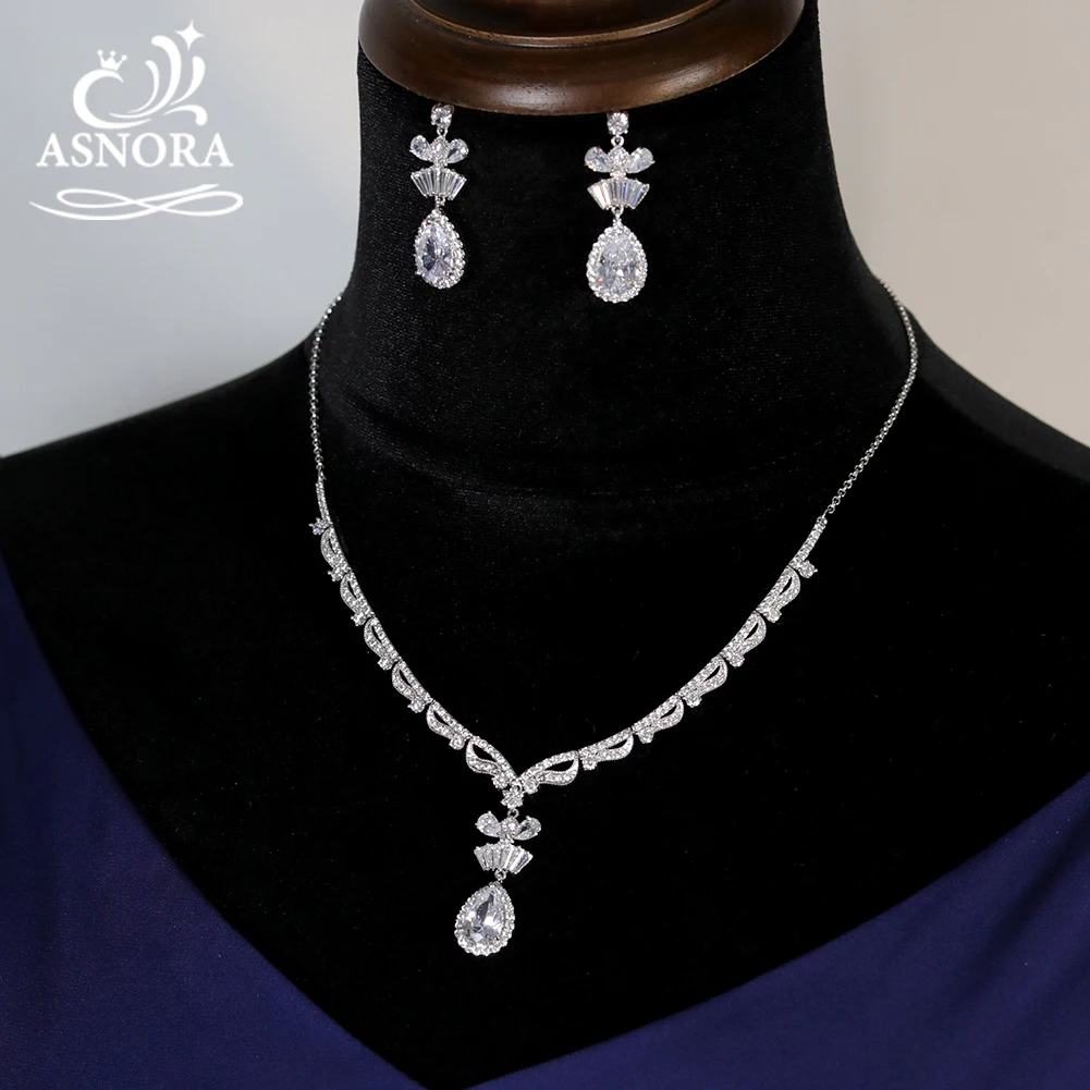 

ASNORA Luxury Shiny Water Drop CZ Necklace Earring Set for Women High Quality Fashion Party Wedding Jewelry Adjustable Length
