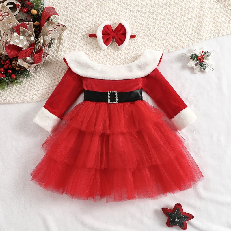 

Christmas Girl Red Dress Long Sleeve Tulle Tutu Party Dresses For Girl New Year Xmas Costumes