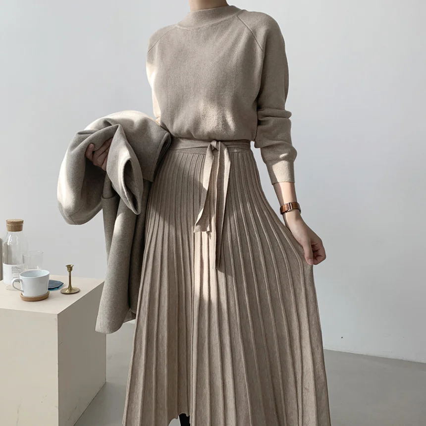 

Dress Elegant South Korea Chic Half High Collar Waist Band Lace Up Long Knit Sweater Dress Inside