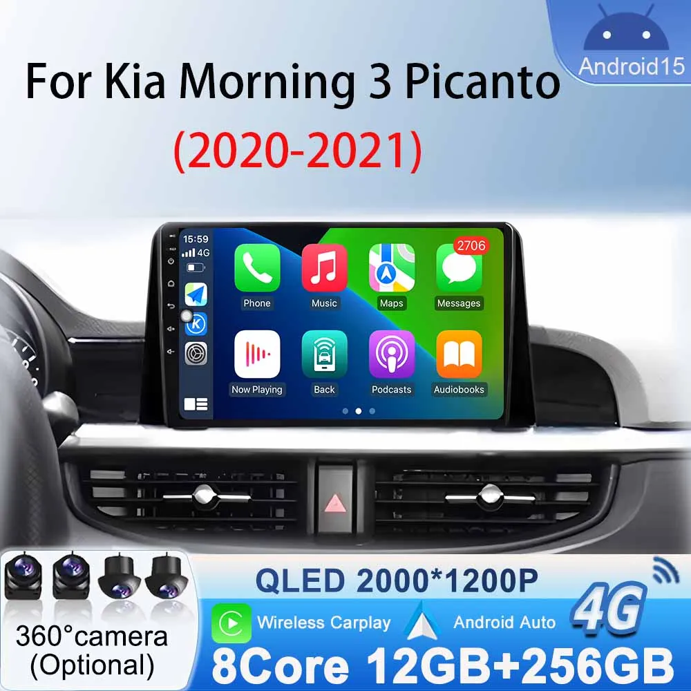 Фото Мультимедийный плеер WIFI BT для KIA Morning 3 Picanto 2020-2021 Автомобильный радиоприемник Android 15 GPS-навигация Беспроводной Carplay Android Auto №1