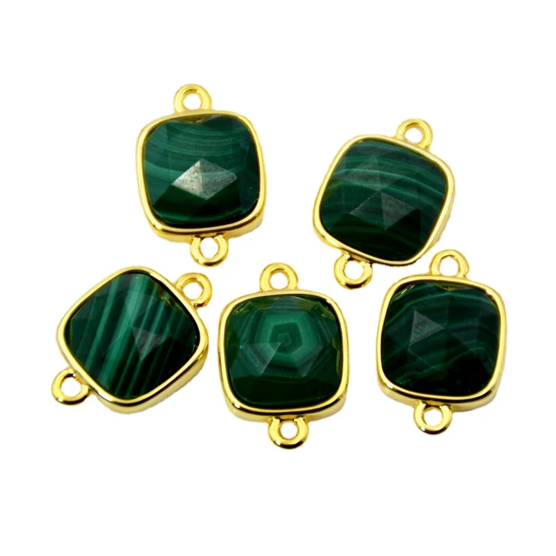 

Green Malachite Connector Faceted Square Gemstone Charms Cute Tiny Jewelry Gold Bezel Setting Findings Double Bail Pendant
