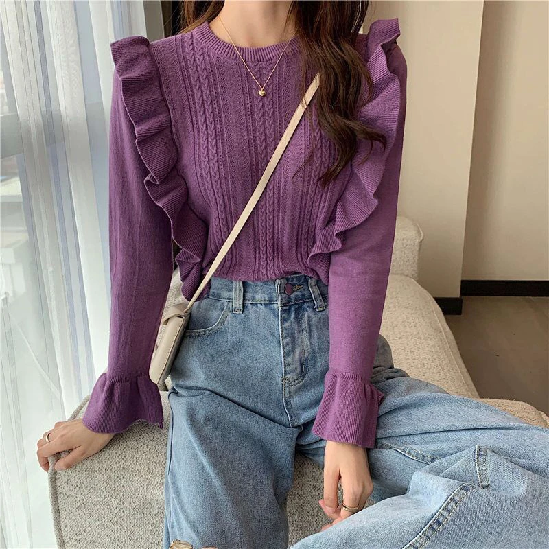 

Spring Women's Ruffles Sweater 2022 Fashion Flare Long Sleeve Knitted Pullovers Woman Solid Round Neck Jumper