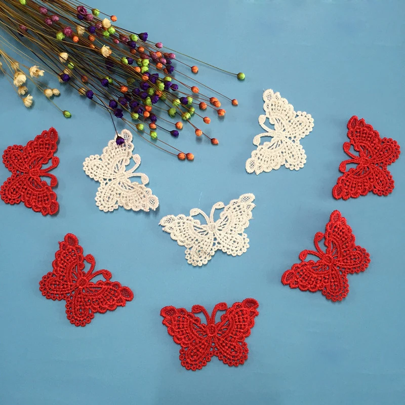 12 шт. бело-красная кружевная вышивка бабочки тканевая аппликация нашивки наклейки одежда Пришивание украшение 5 см шириной