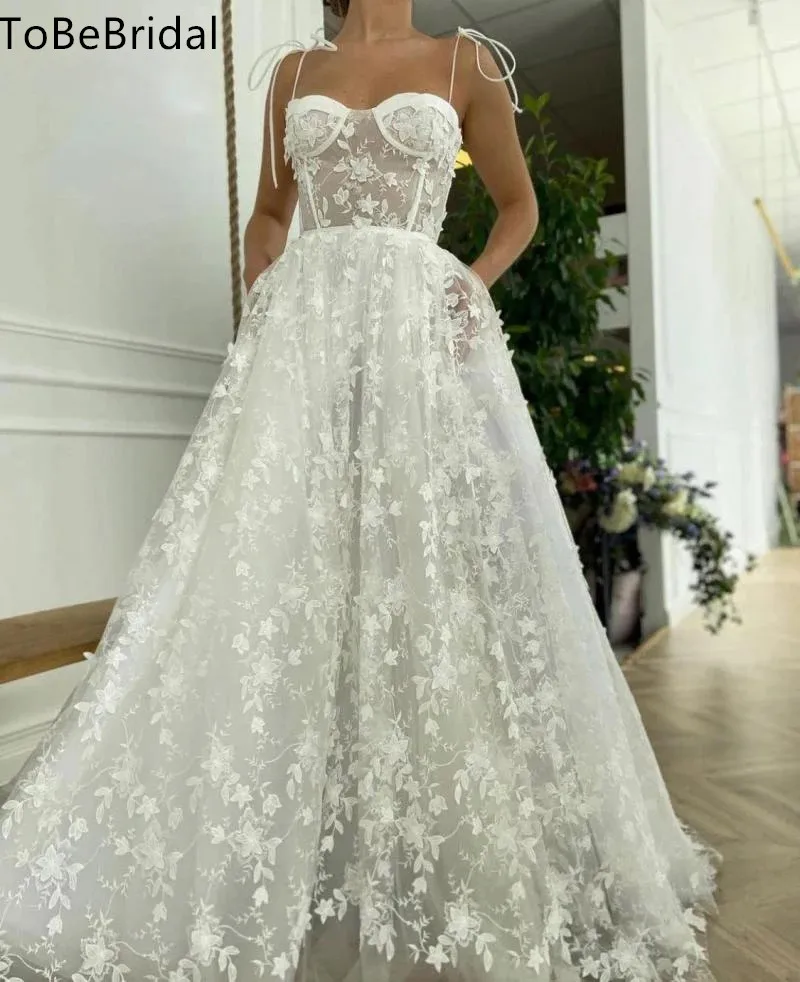 

Белое кружевное свадебное вечернее платье с 3D цветами, женское платье трапециевидной формы на бретелях-спагетти, длинное свадебное платье с открытой спиной для милой принцессы