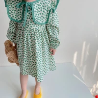 spring 2022 new korean children clothing baby girls long sleeve dress floral printed toddler princess green collar dresses robe