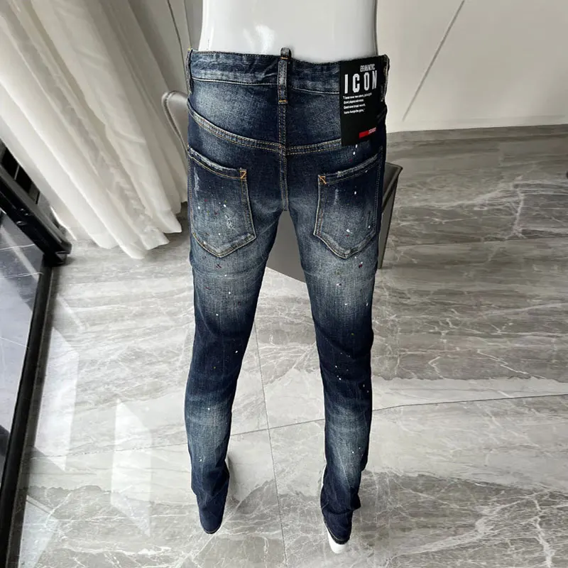 Fashion Designer Men Jeans Retro Vintage Blue High Quality Elastic Slim Fit Ripped Jeans Men Painted Hip Hop Brand Pants Hombre