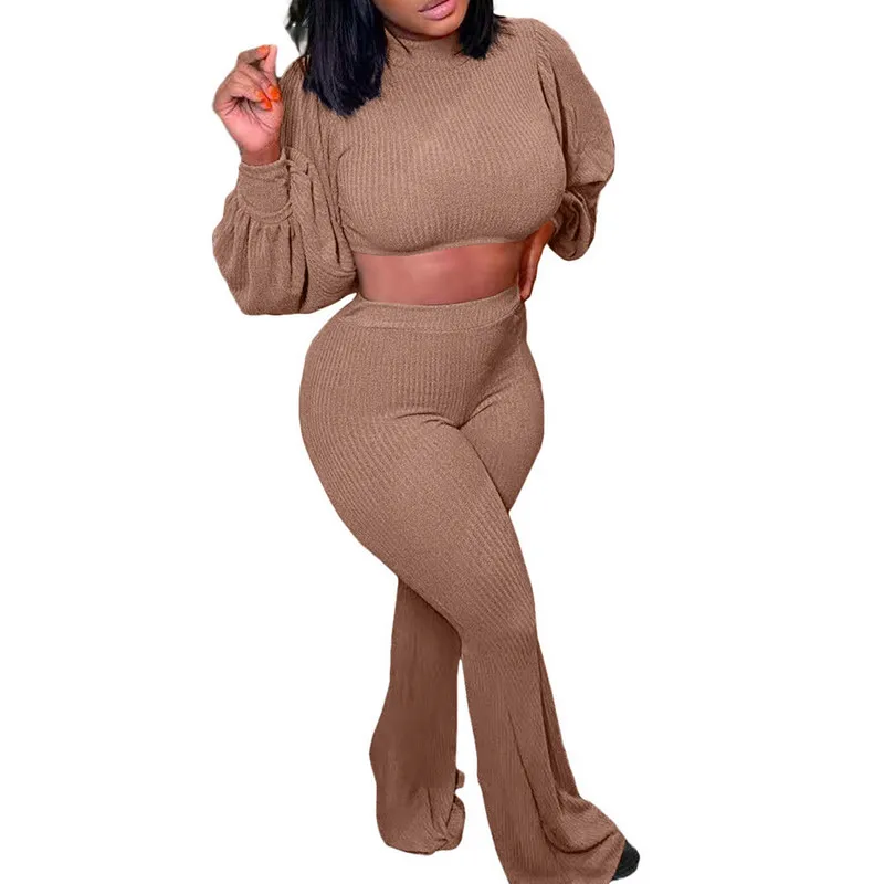 

Women's Suit Autumn 2022 Knit T-shirt Trousers Suit Fashion Solid Color Lantern Sleeve Cropped Tops Flared Pants Women Clothes
