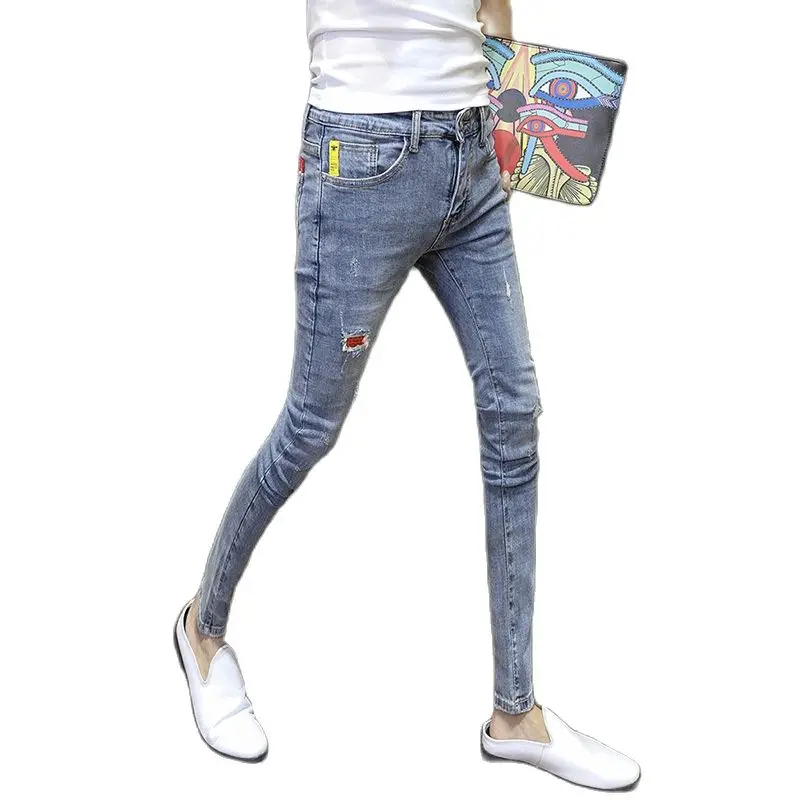 

New Light Blue Washed Pencilpants For Men 2020 Skinny Korean Stretch Distressed Ripped Slim Fit Streetwear Boys Teenagers Jeans