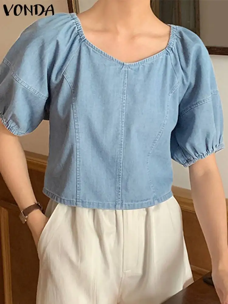 

Demin Tops VONDA Fashion Summer Blouse Women Short Puff Sleeve Square Neck 2023 Casual Loose Solid Color Shirts Female Blusas