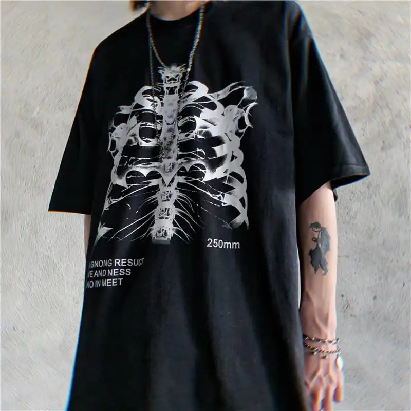

Women T shirt Dark Skull Bones Heart and Lung Print Funny Skull T-shirt Ladies Top Summer Short Sleeve Streetwear T-shirt Femme