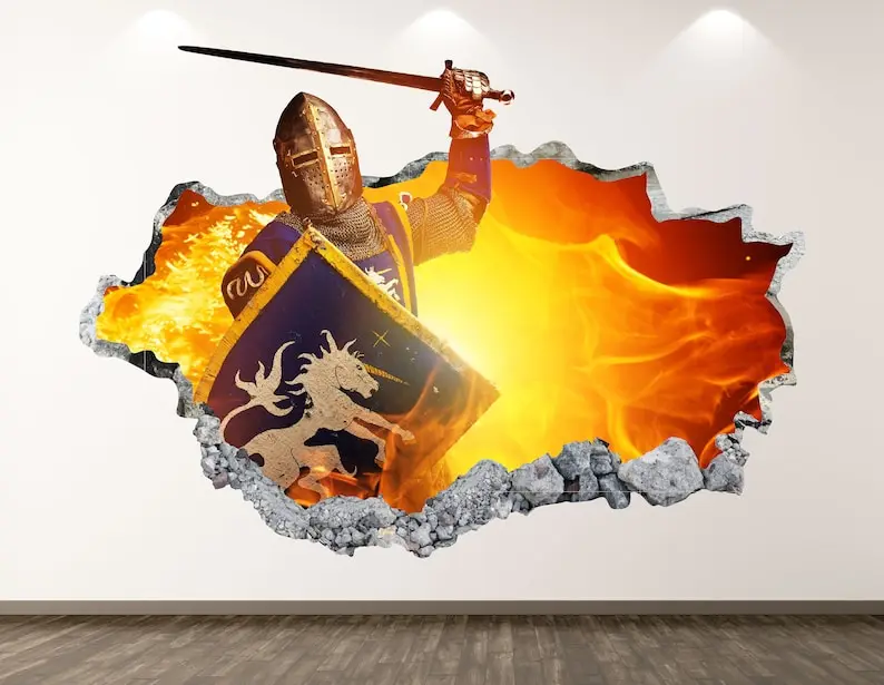 

Knights Battle Wall Decal - History 3D Smashed Wall Art Sticker Kids Room Decor Vinyl Home Poster Personalized Gift KD329