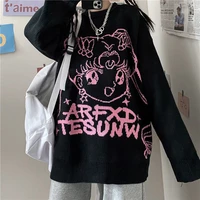 deeptown gothic streetwear anime print knitted sweater women harajuku punk hip hop o neck oversize long sleeve jumper kawaii top