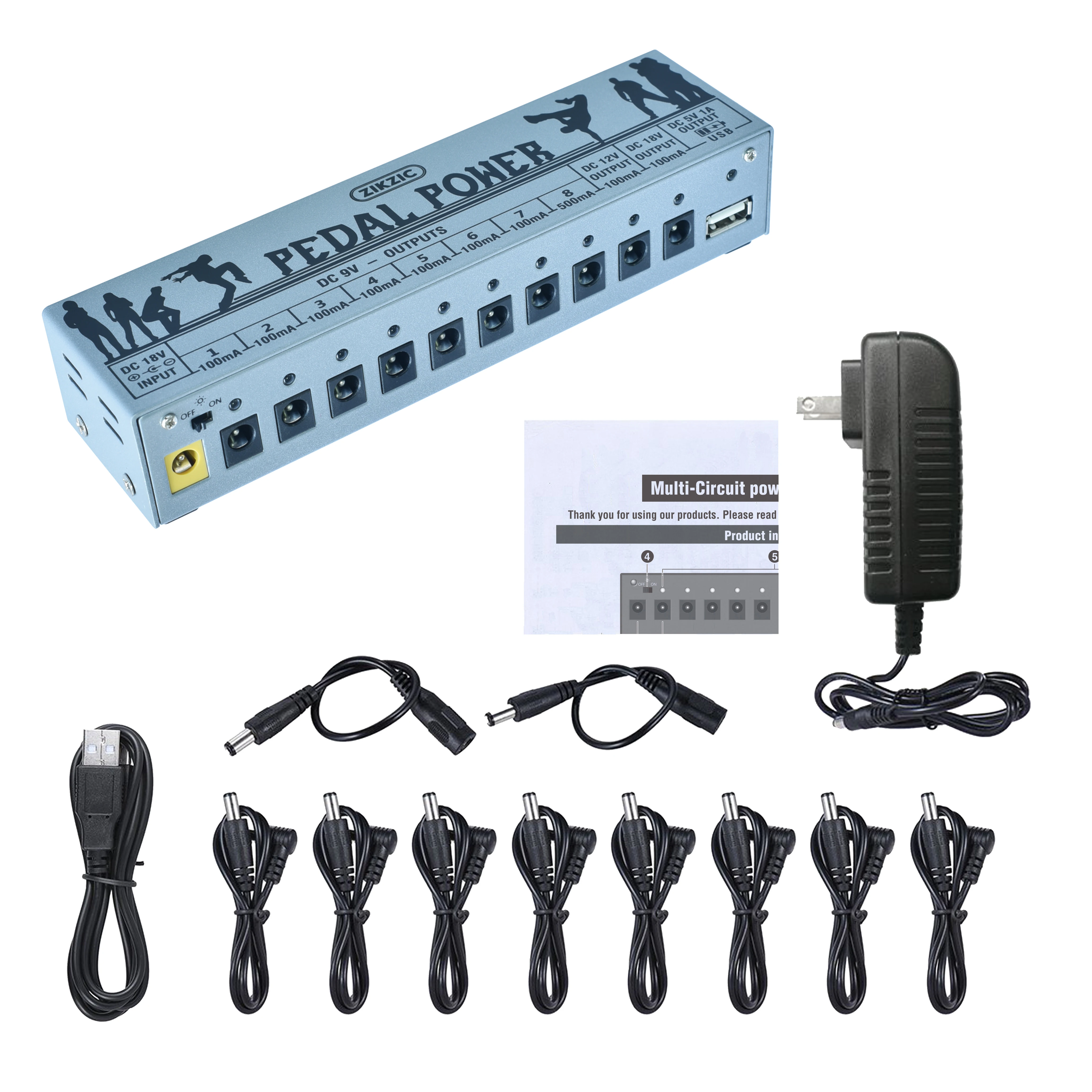 Zikzic Pedal Power Supply Update Output Multi Circuit Power Supply For Guitar Pedal 10 Ways 9V/12V/18V DC Outputs & 1 Way 5V USB