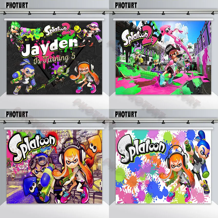 PHOTURT Splatoon Backdrop Kids Birthday Party Photography Backgrounds Colorful Spraying Studio Photo Decoration Props