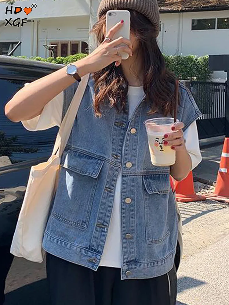 

Vintage Sleeveless Broad Shoulder Denim Vest For Women Spring Autumn Lapel Single Breasted Jean Cardigan Simple Casual Vest Tops