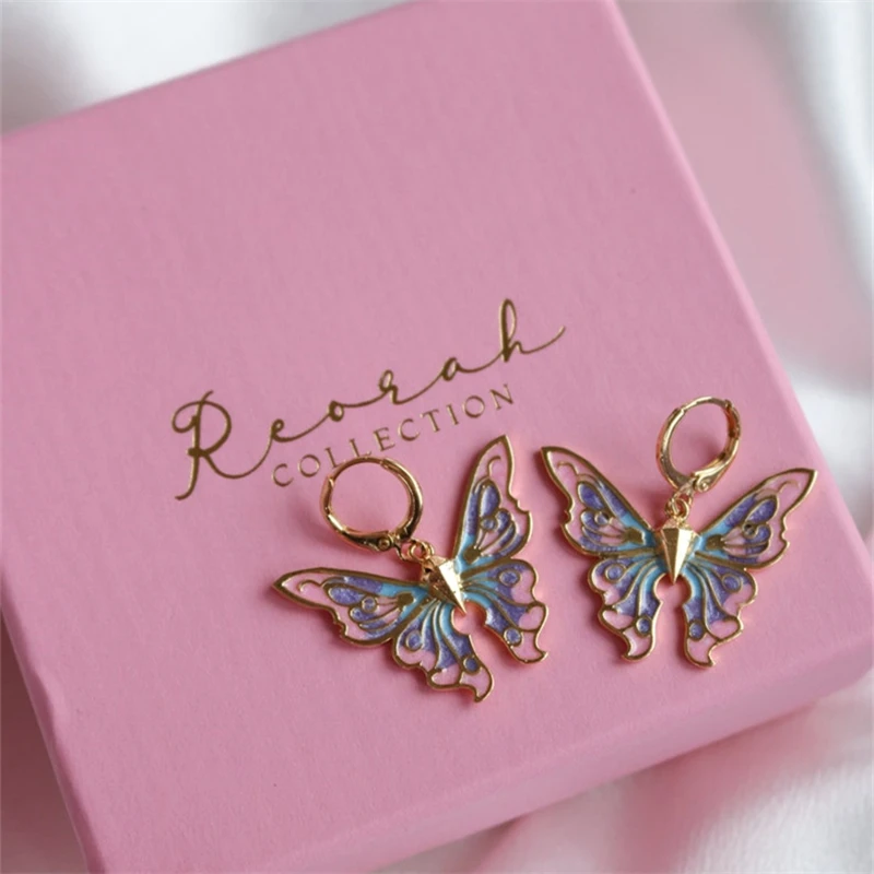 

Sweet And Cute Female Multicolor Gradient Wings Gold Color Crystal Core Butterfly Pendant Stud Earrings Party Gift Jewelry
