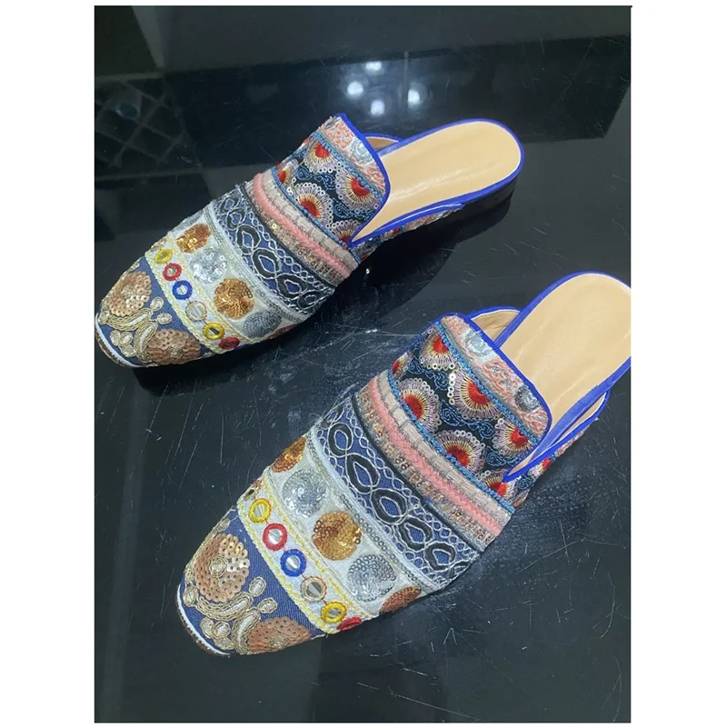 Luxury Fashion Sequins Embroidery Loafers Handmade Canvas Shoes Men Summer Shoes Casual Flats Mules Sandals Slippers