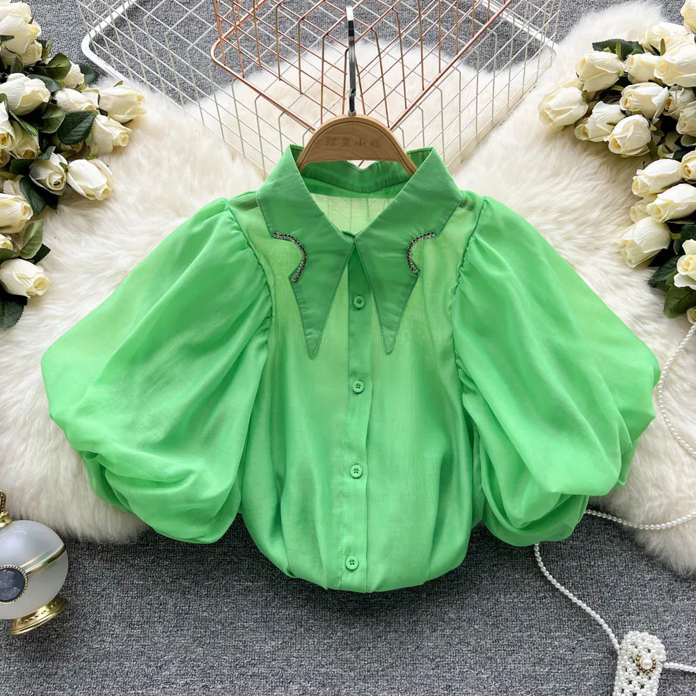 

Korea Chic Women New Fashion Summer Retro Diamond Shirt Slim Short-sleeved Solid Color Tops Mujer Elegant Blouse G082