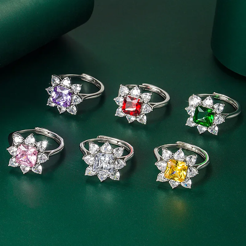

European and American Style New Open Ring Female Simulation Emerald Colorful Treasure Ring Retro Micro-set Zircon Hand Jewelry