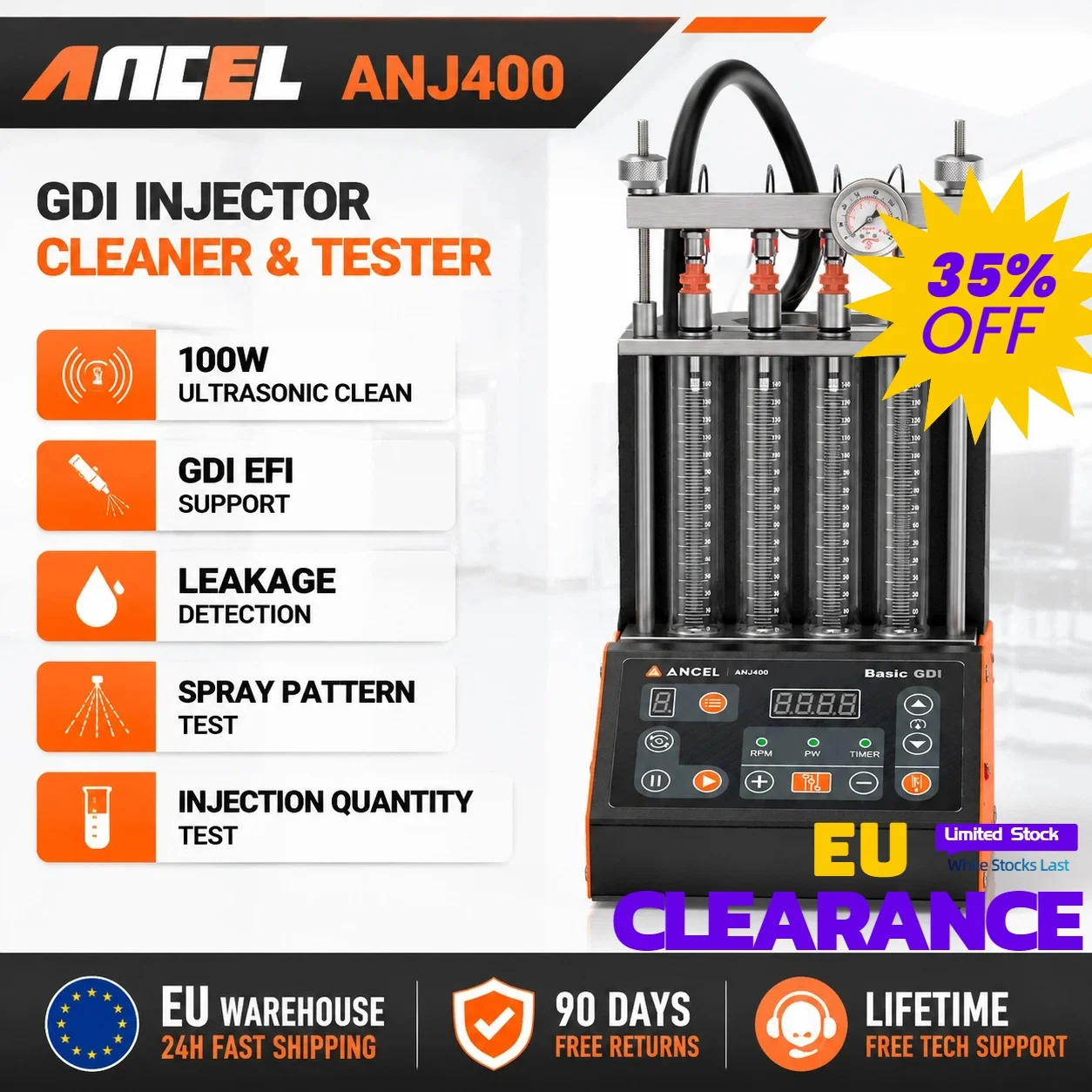 Фото Ультразвуковой очиститель форсунок GDI EFI FEI ANCEL ANJ400, 4 цилиндра, 100 Вт, для автомобилей и мотоциклов. №1