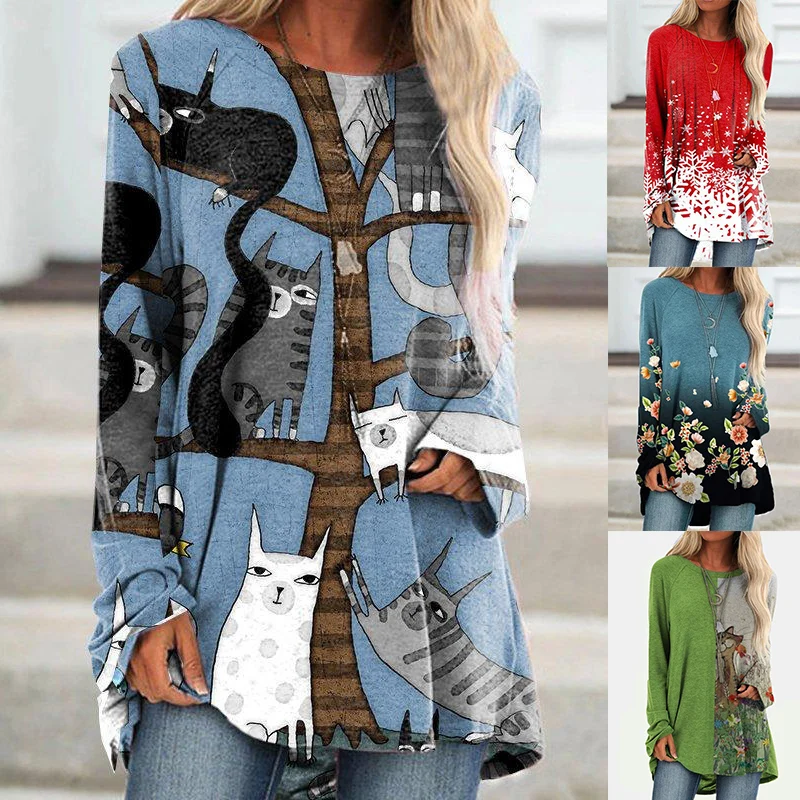 

New Fashion Womens Elegant Loose Pullover Shirt Long Sleeve Tops Female O-Neck T Shirt Spring Print Tee Shirts S-5XL