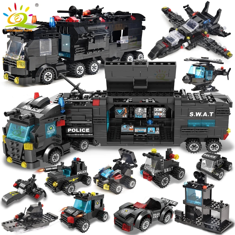 

HUIQIBAO SWAT Police Station Truck Model Building Blocks City Machine Helicopter Car Figures Bricks Educational Toy For Children