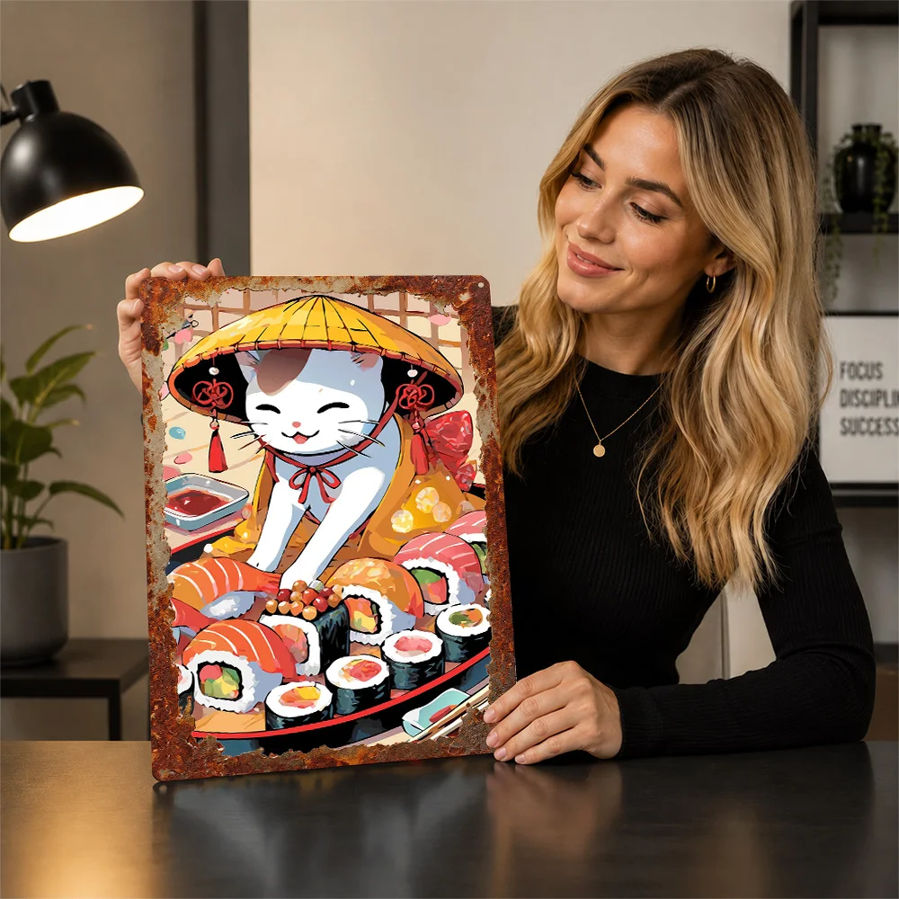 Фото Постер с 3D-текстурой Sushi Cat Neko, персонализированное настенное искусство, ретро-металлические таблички для декора комнаты, аксессуары для спальни №3