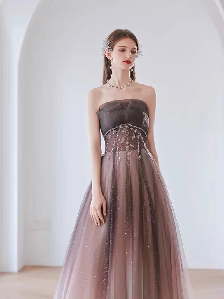 

Gray Pink Celebrity Dress Strapless Beading A Line Tulle Lace Up Backless Sequined Formal Party Evening Gowns Robes De Soirée