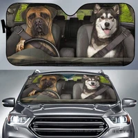 funny fawn boxer and siberian husky dogs driving right hand drive car sunshade funny fawn boxer and siberian husky couple drivi